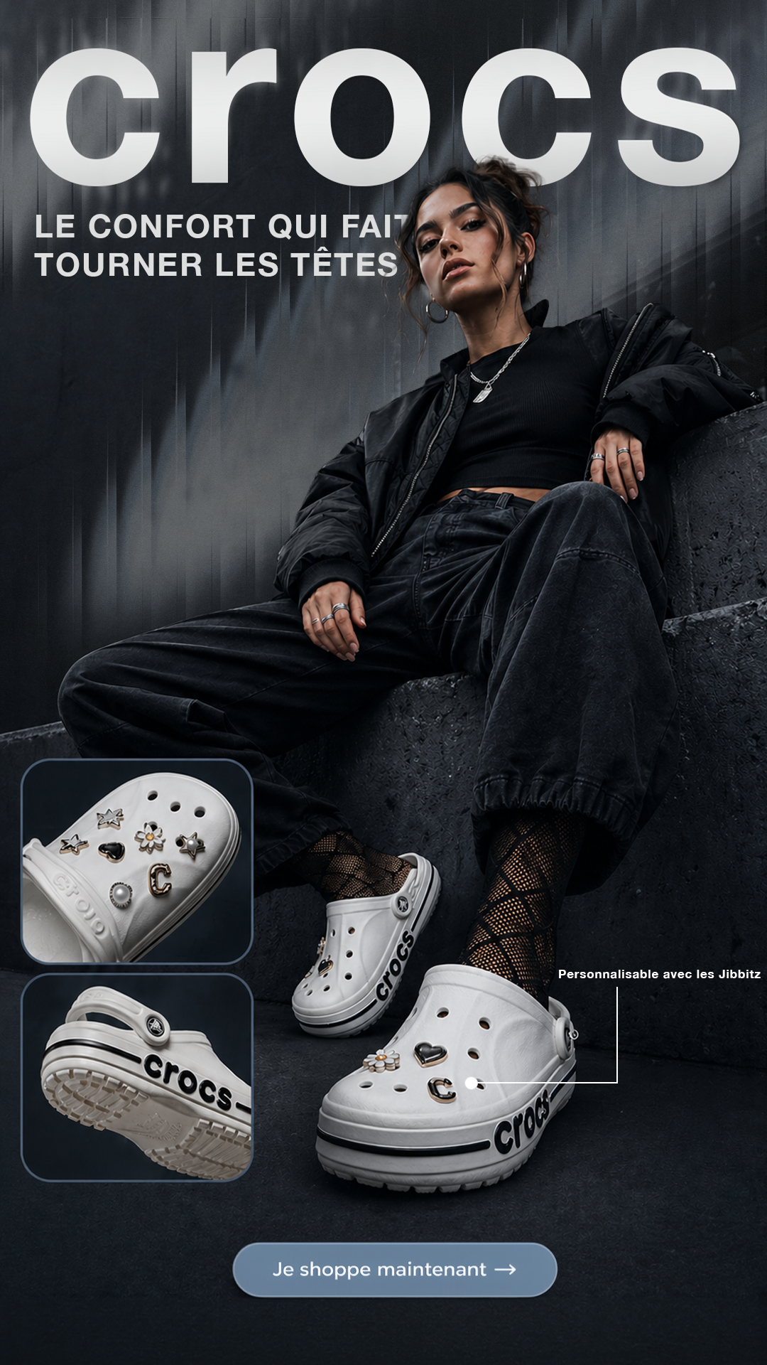 Ads statique Crocs Baya Platform, visuel mode urbain sombre — EditCraft