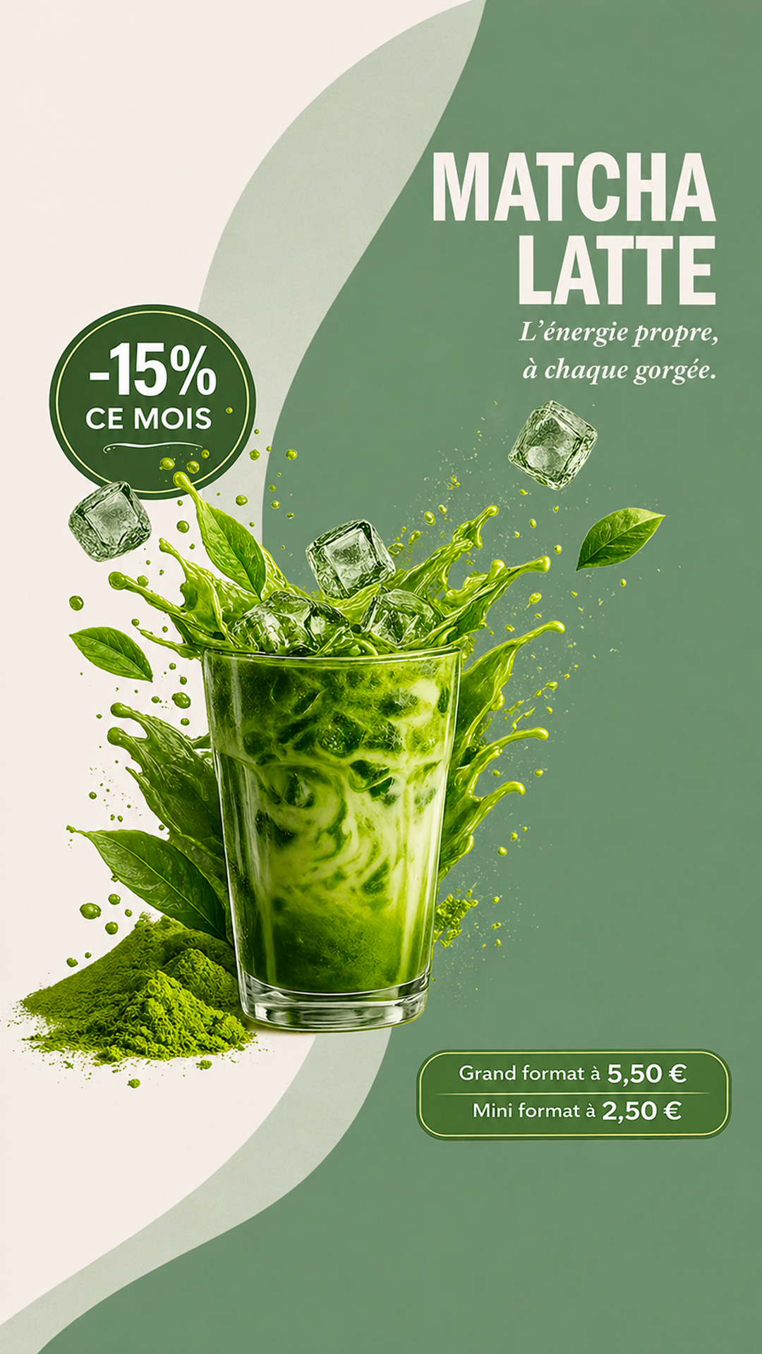 Ads statique Matcha Latte promotion -15%, design épuré vert — EditCraft